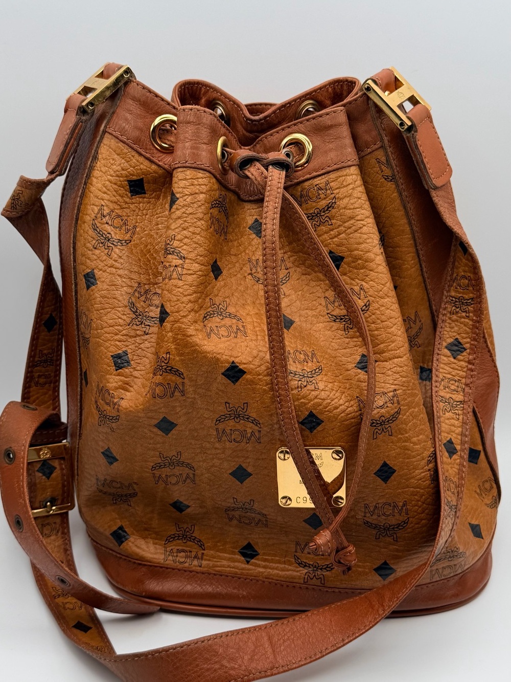 MCM Cognac Visetos Monogram Drawstring Shoulder Bag